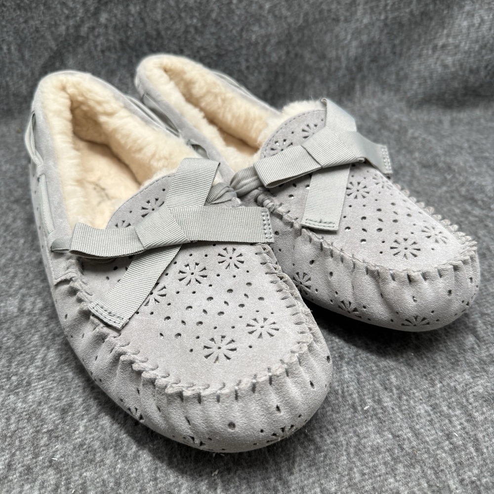 UGG Dakota Moccasin Womens 12 Grey Perforated Bow Shearling Slipper Suede New